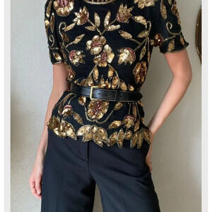 Stenay Vintage Short Sleeve Retro Sequined Blouses Top Black Gold Sz 14